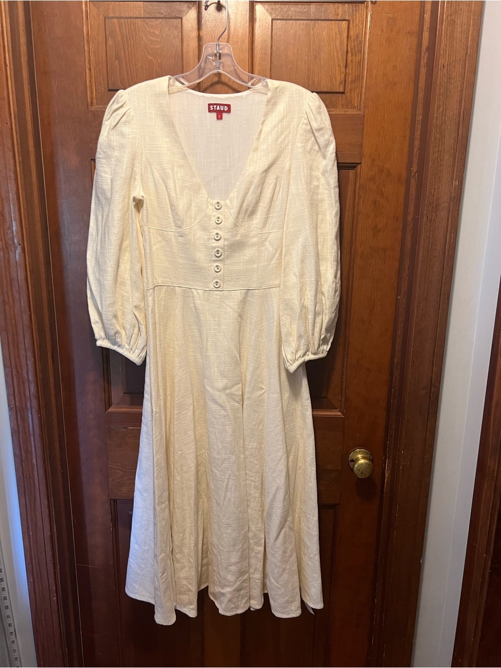 STAUD Ivory Button-Front Puff Sleeve Midi Dress, NWT